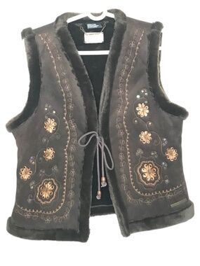 Point Zero Faux Shearling Vest Size L Embroidered Boho Western Women’s Brown